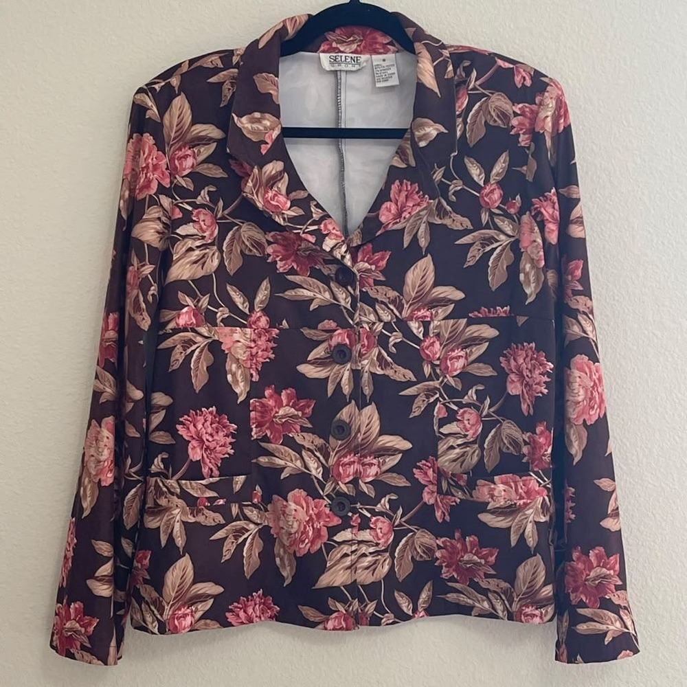 Selene Sport Women 8 Brown Floral Blazer Fall Dark Academia office Career Earthy
